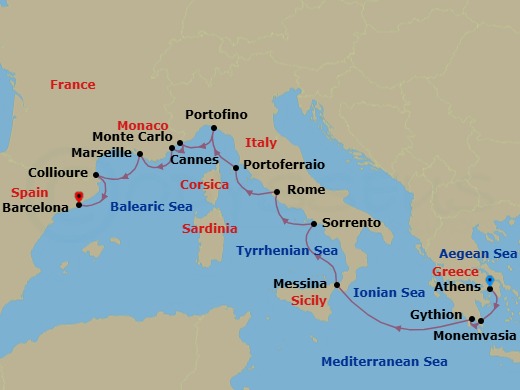14 Night - Star Collector : Riches of the Rivieras, Romans, and Greeks - Wind Surf - Starting in Piraeus, Athens, Monemvasia, Gythion, Messina, Taormina, Sorrento, Civitavecchia, Rome, Portoferraio, Portofino, Monte Carlo, Cannes, Marseille, Collioure, Barcelona itinerary map