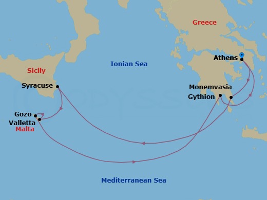 9 Night - Total Solar Eclipse from Greece and Malta - Wind Surf - Starting in Piraeus, Athens, Monemvasia, Syracuse IT, Sicily, Valletta, Gozo, Mgarr, Gythion, Piraeus, Athens itinerary map