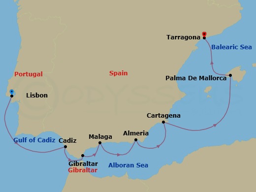 8 Night - Spanish Symphony - Wind Surf - Starting in Lisbon, Cadiz, Gibraltar, Malaga, Almeria, Granada, Cartagena ES, Palma De Mallorca, Tarragona (Barcelona) itinerary map