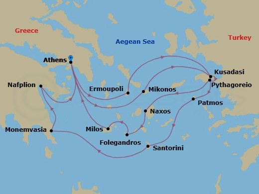 14 Night - Star Collector : Greek Classics & Hidden Gems Unveiled - Wind Surf - Starting in Piraeus, Athens, Ermoupolis, Syros, Kusadasi, Pythagoreio, Samos, Naxos, Folegandros, Milos, Piraeus, Athens, Mykonos, Kusadasi, Patmos, Santorini, Monemvasia, Nafplio, Piraeus, Athens itinerary map