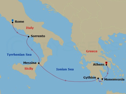7 Night - Enchanting Greece & the Amalfi Coast - Wind Surf - Starting in Civitavecchia, Rome, Sorrento, Messina, Taormina, Gythion, Monemvasia, Piraeus, Athens itinerary map