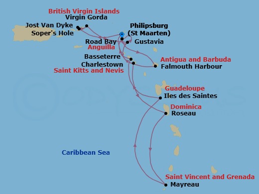 14 Night - Star Collector : Caribbean Explorations - Wind Surf - Starting in Philipsburg, St Maarten, Gustavia, St Barthelemy, Charlestown, Roseau, Dominica, Mayreau, Les Saintes, Guadeloupe, Basseterre, St Kitts, Philipsburg, St Maarten, Falmouth Harbour, Antigua, Road Bay, Anguilla, Sopers Hole, Tortola, Great Harbour, Jost Van Dyke, Virgin Gorda / Prickly Pear, Gustavia, St Barthelemy, Philipsburg, St Maarten itinerary map