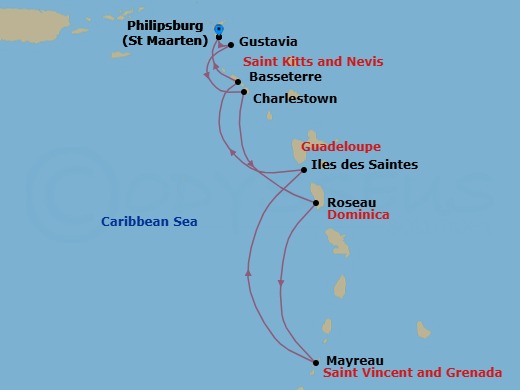 7 Night - Classic Caribbean - Wind Surf - Starting in Philipsburg, St Maarten, Gustavia, St Barthelemy, Charlestown, Roseau, Dominica, Mayreau, Les Saintes, Guadeloupe, Basseterre, St Kitts, Philipsburg, St Maarten itinerary map