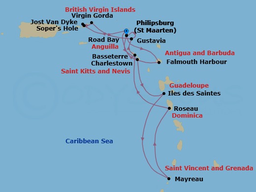 14 Night - Star Collector : Caribbean Explorations - Wind Surf - Starting in Philipsburg, St Maarten, Falmouth Harbour, Antigua, Road Bay, Anguilla, Sopers Hole, Tortola, Great Harbour, Jost Van Dyke, Virgin Gorda / Prickly Pear, Gustavia, St Barthelemy, Philipsburg, St Maarten, Charlestown, Les Saintes, Guadeloupe, Mayreau, Roseau, Dominica, Basseterre, St Kitts, Gustavia, St Barthelemy, Philipsburg, St Maarten itinerary map