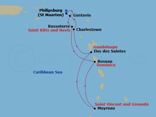 7 Night - Classic Caribbean - Wind Surf - Starting in Philipsburg, St Maarten, Charlestown, Les Saintes, Guadeloupe, Mayreau, Roseau, Dominica, Basseterre, St Kitts, Gustavia, St Barthelemy, Philipsburg, St Maarten itinerary map