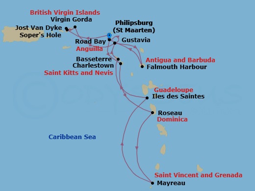 14 Night - Star Collector : Caribbean Explorations - Wind Surf - Starting in Philipsburg, St Maarten, Charlestown, Roseau, Dominica, Mayreau, Les Saintes, Guadeloupe, Basseterre, St Kitts, Gustavia, St Barthelemy, Philipsburg, St Maarten, Road Bay, Anguilla, Sopers Hole, Tortola, Great Harbour, Jost Van Dyke, Virgin Gorda / Prickly Pear, Gustavia, St Barthelemy, Falmouth Harbour, Antigua, Philipsburg, St Maarten itinerary map