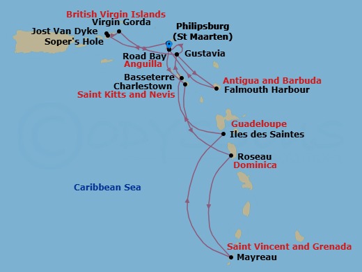 14 Night - Star Collector : Caribbean Explorations - Wind Surf - Starting in Philipsburg, St Maarten, Road Bay, Anguilla, Sopers Hole, Tortola, Great Harbour, Jost Van Dyke, Virgin Gorda / Prickly Pear, Gustavia, St Barthelemy, Falmouth Harbour, Antigua, Philipsburg, St Maarten, Charlestown, Roseau, Dominica, Mayreau, Les Saintes, Guadeloupe, Basseterre, St Kitts, Gustavia, St Barthelemy, Philipsburg, St Maarten itinerary map