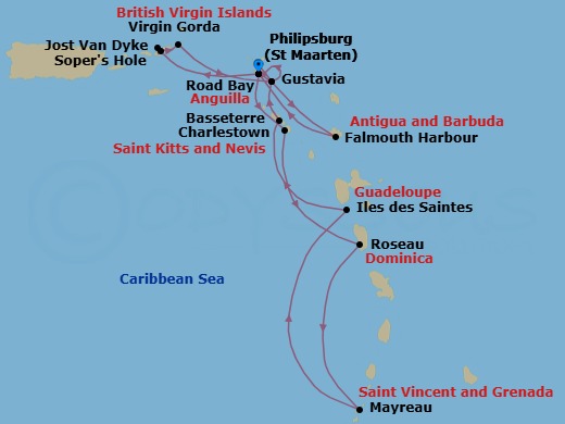 14 Night - Star Collector : Caribbean Explorations - Wind Surf - Starting in Philipsburg, St Maarten, Sopers Hole, Tortola, Great Harbour, Jost Van Dyke, Virgin Gorda / Prickly Pear, Gustavia, St Barthelemy, Road Bay, Anguilla, Falmouth Harbour, Antigua, Philipsburg, St Maarten, Charlestown, Roseau, Dominica, Mayreau, Les Saintes, Guadeloupe, Basseterre, St Kitts, Gustavia, St Barthelemy, Philipsburg, St Maarten itinerary map