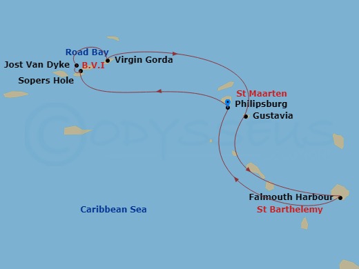 7 Night - Beach Fun & Sun : a Remote Caribbean Getaway - Wind Surf - Starting in Philipsburg, St Maarten, Sopers Hole, Tortola, Great Harbour, Jost Van Dyke, Virgin Gorda / Prickly Pear, Gustavia, St Barthelemy, Road Bay, Anguilla, Falmouth Harbour, Antigua, Philipsburg, St Maarten itinerary map