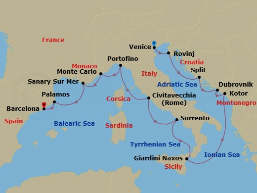 15 Night - Star Collector : Italian Trio - Wind Surf - Starting in Venice, Rovinj, Split, Dubrovnik, Croatia, Kotor, Giardini Naxos, Taormina, Sorrento, Civitavecchia, Rome, Portofino, Monte Carlo, Sanary-sur-mer, Palamos, Barcelona itinerary map