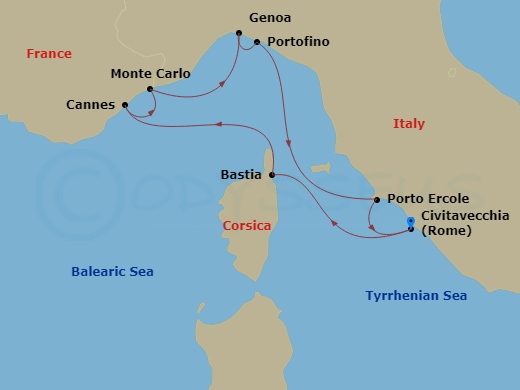 7 Night - Jewels of the Italian and French Rivieras - Wind Surf - Starting in Civitavecchia, Rome, Bastia, Cannes, Monte Carlo, Genoa, Portofino, Porto Ercole, Civitavecchia, Rome itinerary map