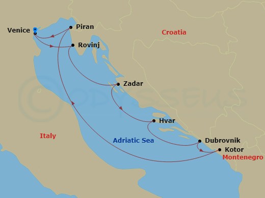 9 Night - Adriatic Icons & Venetian Treasures - Wind Surf - Starting in Venice, Rovinj, Zadar, Hvar, Dubrovnik, Croatia, Kotor, Piran, Venice itinerary map