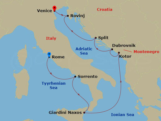 8 Night - Classic Italy & Dalmatian Coast - Wind Surf - Starting in Civitavecchia, Rome, Sorrento, Giardini Naxos, Taormina, Kotor, Dubrovnik, Croatia, Split, Rovinj, Venice itinerary map
