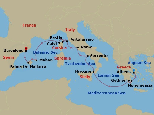 14 Night - Star Collector : Ancient to Avant-Garde Mediterranean - Wind Star - Starting in Piraeus, Athens, Monemvasia, Gythion, Messina, Taormina, Sorrento, Civitavecchia, Rome, Portoferraio, Bastia, Calvi, Mahon, Palma De Mallorca, Barcelona itinerary map