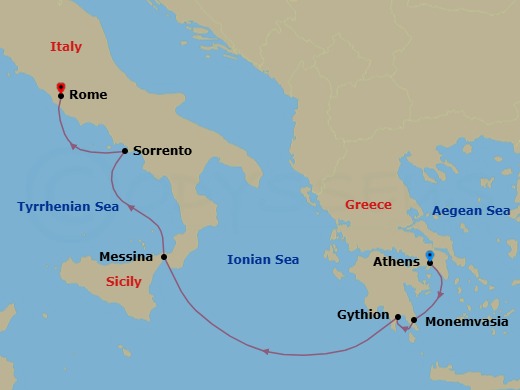 7 Night - Enchanting Greece & the Amalfi Coast - Wind Star - Starting in Piraeus, Athens, Monemvasia, Gythion, Messina, Taormina, Sorrento, Civitavecchia, Rome itinerary map