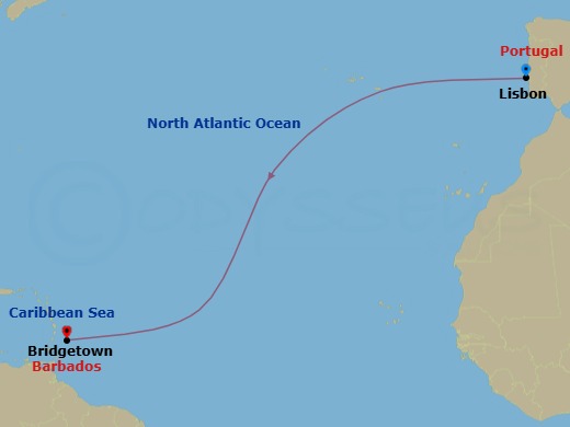 14 Night - Knot Your Average Crossing - Wind Star - Starting in Lisbon, Bridgetown, Barbados itinerary map