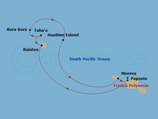 7 Night - Dreams of Tahiti - Wind Star - Starting in Papeete, Tahiti, Morning Sailing French Polynesia, Raiatea, Motu Mahaea, Near Tahaa, Bora Bora, Huahine, Moorea, Papeete, Tahiti itinerary map