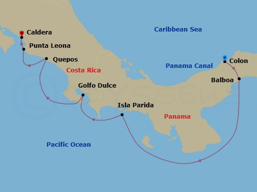 8 Night - Costa Rica & Panama Canal - Wind Star - Starting in Colon, Panama Canal Transit, Fuerte Amador, Panama City, Isla Partida, Puerto Jimenez, Golfo Dulce, Quepos, Manuel Antonio National Park, Punta Leona, Puerto Caldera, San Jose itinerary map