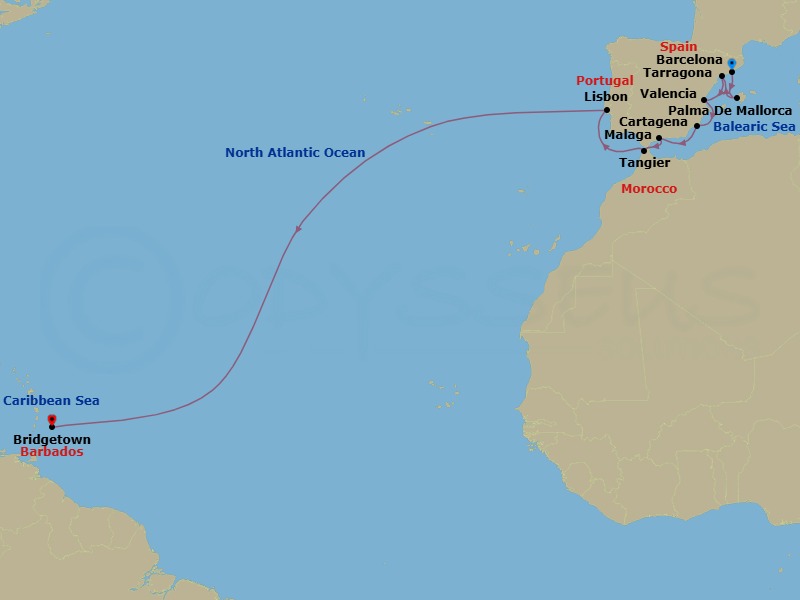 24 Night - Star Collector : Classic Crossing to Spain & More - Wind Star - Starting in Barcelona, Palma De Mallorca, Tarragona (Barcelona), Valencia, Cartagena ES, Malaga, Tangier, Lisbon, Bridgetown, Barbados itinerary map