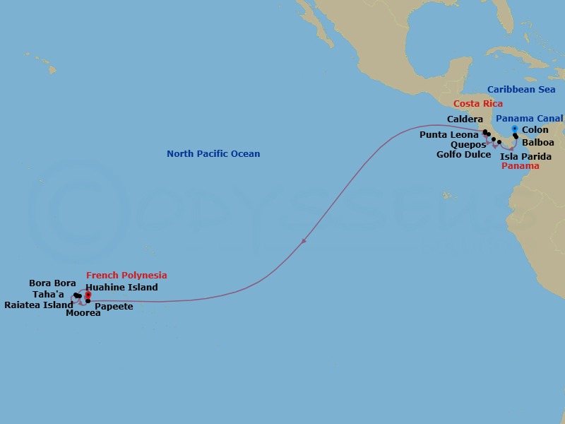 36 Night - Star Collector : Pacific Horizons from Panama to Tahiti - Wind Star - Starting in Colon, Panama Canal Transit, Fuerte Amador, Panama City, Isla Partida, Puerto Jimenez, Golfo Dulce, Quepos, Manuel Antonio National Park, Punta Leona, Puerto Caldera, San Jose, Papeete, Tahiti, Morning Sailing French Polynesia, Raiatea, Motu Mahaea, Near Tahaa, Bora Bora, Huahine, Moorea, Papeete, Tahiti itinerary map