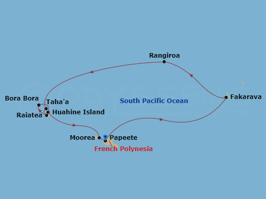 11 Night - Tahiti & the Tuamotu Islands - Wind Star - Starting in Papeete, Tahiti, Fakarava, Tuamotu, Rangiroa, Motu Mahaea, Near Tahaa, Raiatea, Bora Bora, Huahine, Moorea, Papeete, Tahiti itinerary map