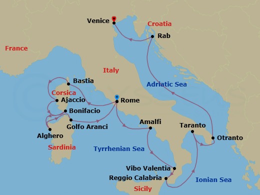 16 Night - Star Collector : Corsica, Sardinia & Southern Italy - Wind Spirit - Starting in Civitavecchia, Rome, Bastia, Ajaccio, Bonifacio, Alghero, Golfo Aranci, Sardinia, Civitavecchia, Rome, Amalfi, Vibo Valentia / Marina Velentia, Reggio di Calabria, Taranto, Otranto, Rab, Venice itinerary map