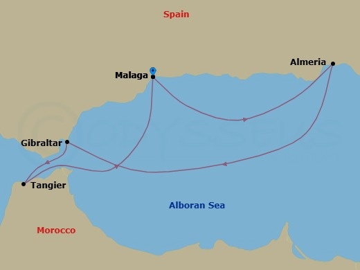 4 Night - Quick Getaways : Almeria, Gibraltar & Tangier - Wind Spirit - Starting in Malaga, Almeria, Granada, Gibraltar, Tangier, Malaga itinerary map