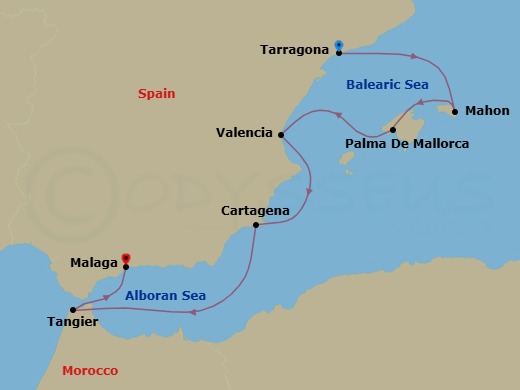 8 Night - Treasures of Southern Spain & Morocco - Wind Spirit - Starting in Tarragona (Barcelona), Mahon, Palma De Mallorca, Valencia, Cartagena ES, Tangier, Malaga itinerary map