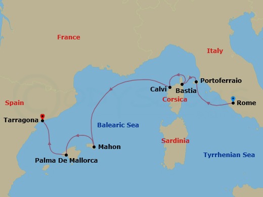 8 Night - Mediterranean Island Mosaic - Wind Spirit - Starting in Civitavecchia, Rome, Portoferraio, Bastia, Calvi, Mahon, Palma De Mallorca, Tarragona (Barcelona) itinerary map