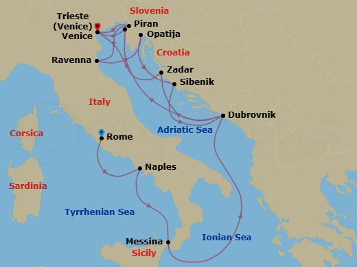 18 Night - Star Collector : Adriatic Nights & Venetian Dreams - Wind Spirit - Starting in Civitavecchia, Rome, Naples, Messina, Taormina, Dubrovnik, Croatia, Zadar, Venice, Trieste, Ravenna, Opatija, Sibenik, Dubrovnik, Croatia, Piran, Venice itinerary map