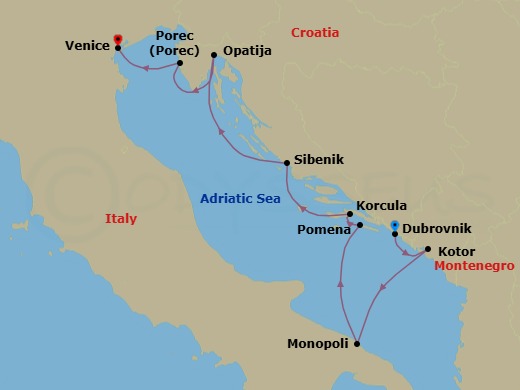 7 Night - Off the Beaten Path Adriatic - Wind Spirit - Starting in Dubrovnik, Croatia, Kotor, Monopoli, Pomena, Mljet, Korcula, Sibenik, Opatija, Porec, Venice itinerary map