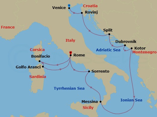 12 Night - Adriatic Shores & Italian Coasts - Wind Spirit - Starting in Venice, Rovinj, Split, Dubrovnik, Croatia, Kotor, Messina, Taormina, Sorrento, Civitavecchia, Rome, Bonifacio, Golfo Aranci, Sardinia, Civitavecchia, Rome itinerary map