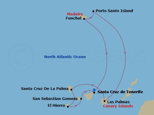 10 Night - Hidden Gems of the Canary Islands & Madeira - Wind Spirit - Starting in Santa Cruz de Tenerife, Funchal, Madeira, Porto Santo, Madeira, Las Palmas, Gran Canaria, Santa Cruz de La Palma, El Hierro / Puerto De La Estaca, San Sebastian De La Gomera, Santa Cruz de Tenerife itinerary map