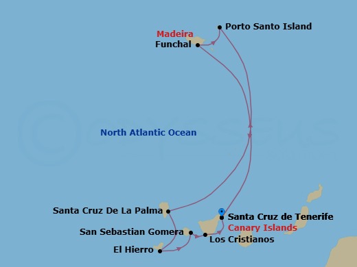 10 Night - Hidden Gems of the Canary Islands & Madeira - Wind Spirit - Starting in Santa Cruz de Tenerife, Funchal, Madeira, Porto Santo, Madeira, Santa Cruz de La Palma, El Hierro / Puerto De La Estaca, San Sebastian De La Gomera, Los Cristianos, Tenerife, Santa Cruz de Tenerife itinerary map
