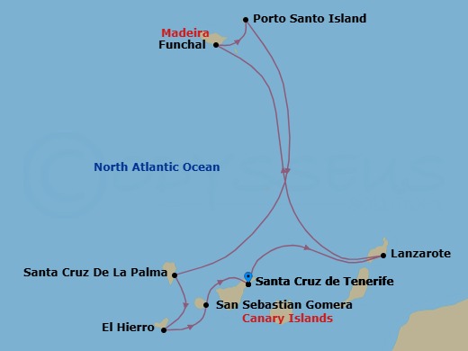 10 Night - Hidden Gems of the Canary Islands & Madeira - Wind Spirit - Starting in Santa Cruz de Tenerife, Arrecife, Lanzarote, Funchal, Madeira, Porto Santo, Madeira, Santa Cruz de La Palma, El Hierro / Puerto De La Estaca, San Sebastian De La Gomera, Santa Cruz de Tenerife itinerary map