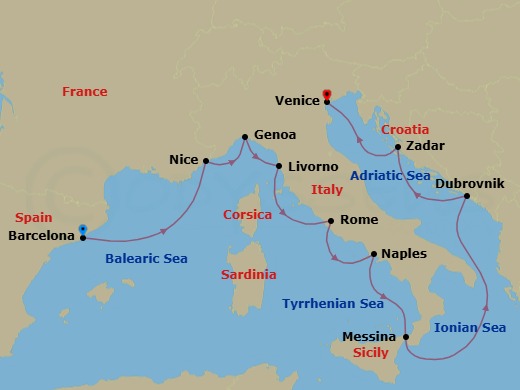 17 Night - Star Collector : Winter in Europe's Rivieras & Croatia - Wind Spirit - Starting in Barcelona, Nice, Genoa, Livorno, Civitavecchia, Rome, Naples, Messina, Taormina, Dubrovnik, Croatia, Zadar, Venice itinerary map