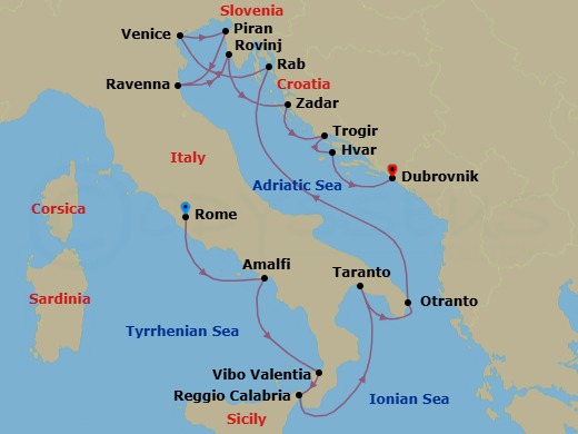 16 Night - Star Collector : Summering in Southern Italy & Croatia - Wind Spirit - Starting in Civitavecchia, Rome, Amalfi, Vibo Valentia / Marina Velentia, Reggio di Calabria, Taranto, Otranto, Rab, Venice, Piran, Ravenna, Rovinj, Zadar, Trogir, Hvar, Dubrovnik, Croatia itinerary map