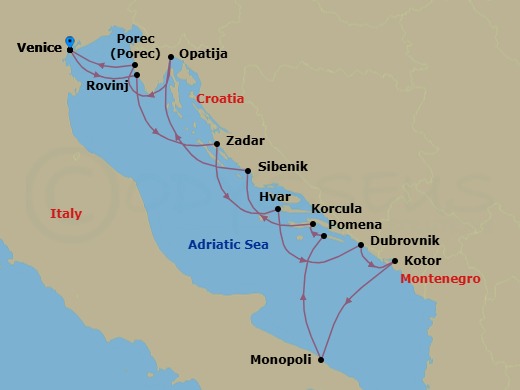 11 Night - Iconic & Hidden Croatia - Wind Spirit - Starting in Venice, Rovinj, Zadar, Hvar, Dubrovnik, Croatia, Kotor, Monopoli, Pomena, Mljet, Korcula, Sibenik, Opatija, Porec, Venice itinerary map