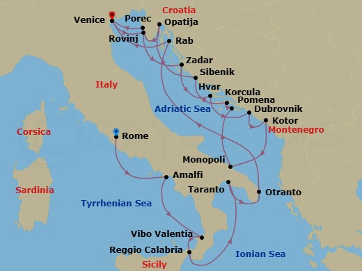 20 Night - Star Collector : the Sole of Italy & Coast of Croatia - Wind Spirit - Starting in Civitavecchia, Rome, Amalfi, Vibo Valentia / Marina Velentia, Reggio di Calabria, Taranto, Otranto, Rab, Venice, Rovinj, Zadar, Hvar, Dubrovnik, Croatia, Kotor, Monopoli, Pomena, Mljet, Korcula, Sibenik, Opatija, Porec, Venice itinerary map