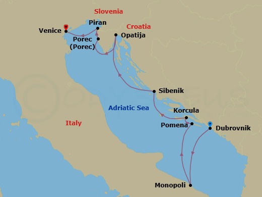 7 Night - Off the Beaten Path Adriatic - Wind Spirit - Starting in Dubrovnik, Croatia, Monopoli, Pomena, Mljet, Korcula, Sibenik, Opatija, Porec, Piran, Venice itinerary map