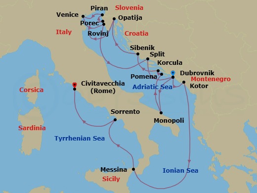 16 Night - Star Collector : Vintage Croatia & Timeless Italy - Wind Spirit - Starting in Dubrovnik, Croatia, Monopoli, Pomena, Mljet, Korcula, Sibenik, Opatija, Porec, Piran, Venice, Rovinj, Split, Dubrovnik, Croatia, Kotor, Messina, Taormina, Sorrento, Civitavecchia, Rome itinerary map