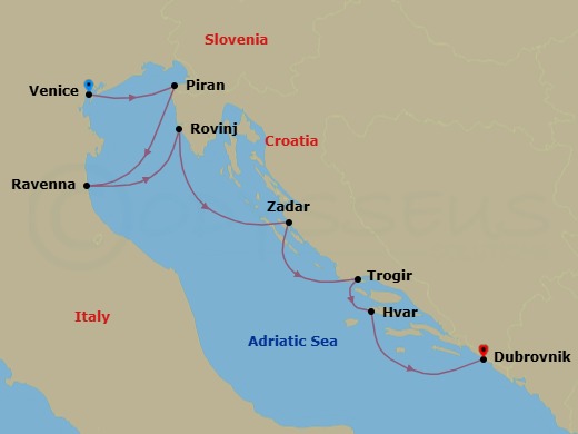 7 Night - Venetian Majesty & Spectacular Croatia : the Northern Adriatic - Wind Spirit - Starting in Venice, Piran, Ravenna, Rovinj, Zadar, Trogir, Hvar, Dubrovnik, Croatia itinerary map
