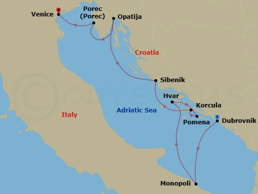 7 Night - Off the Beaten Path Adriatic - Wind Spirit - Starting in Dubrovnik, Croatia, Monopoli, Hvar, Pomena, Mljet, Korcula, Sibenik, Opatija, Porec, Venice itinerary map