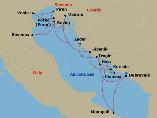 14 Night - Star Collector : Adriatic Odyssey - Wind Spirit - Starting in Dubrovnik, Croatia, Monopoli, Hvar, Pomena, Mljet, Korcula, Sibenik, Opatija, Porec, Venice, Piran, Ravenna, Rovinj, Zadar, Trogir, Hvar, Dubrovnik, Croatia itinerary map