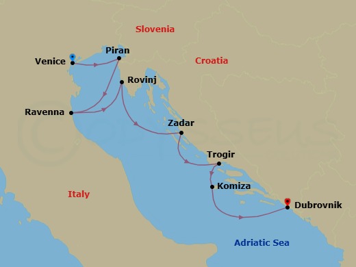 7 Night - Venetian Majesty & Spectacular Croatia : the Northern Adriatic - Wind Spirit - Starting in Venice, Piran, Ravenna, Rovinj, Zadar, Trogir, Komiza, Vis Island, Dubrovnik, Croatia itinerary map