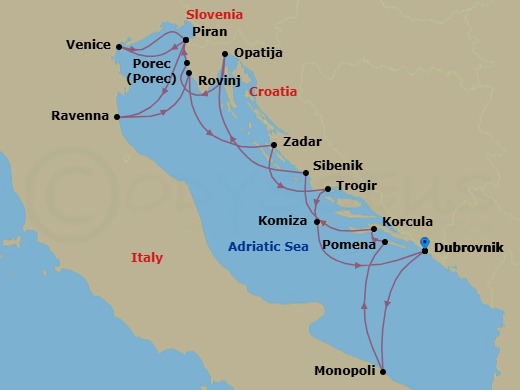 14 Night - Star Collector : Adriatic Odyssey - Wind Spirit - Starting in Dubrovnik, Croatia, Monopoli, Pomena, Mljet, Korcula, Sibenik, Opatija, Porec, Piran, Venice, Piran, Ravenna, Rovinj, Zadar, Trogir, Komiza, Vis Island, Dubrovnik, Croatia itinerary map