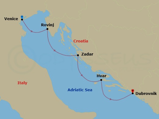 4 Night - Quick Getaways : Croatia Calling - Wind Spirit - Starting in Venice, Rovinj, Zadar, Hvar, Dubrovnik, Croatia itinerary map