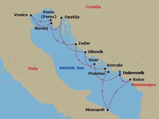 11 Night - Iconic & Hidden Croatia - Wind Spirit - Starting in Dubrovnik, Croatia, Kotor, Monopoli, Pomena, Mljet, Korcula, Sibenik, Opatija, Porec, Venice, Rovinj, Zadar, Hvar, Dubrovnik, Croatia itinerary map