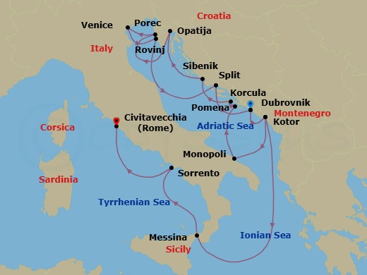 16 Night - Star Collector : Vintage Croatia & Timeless Italy - Wind Spirit - Starting in Dubrovnik, Croatia, Kotor, Monopoli, Pomena, Mljet, Korcula, Sibenik, Opatija, Porec, Venice, Rovinj, Split, Dubrovnik, Croatia, Kotor, Messina, Taormina, Sorrento, Civitavecchia, Rome itinerary map