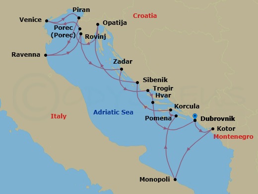 14 Night - Star Collector : Adriatic Odyssey - Wind Spirit - Starting in Dubrovnik, Croatia, Kotor, Monopoli, Pomena, Mljet, Korcula, Sibenik, Opatija, Porec, Venice, Piran, Ravenna, Rovinj, Zadar, Trogir, Hvar, Dubrovnik, Croatia itinerary map